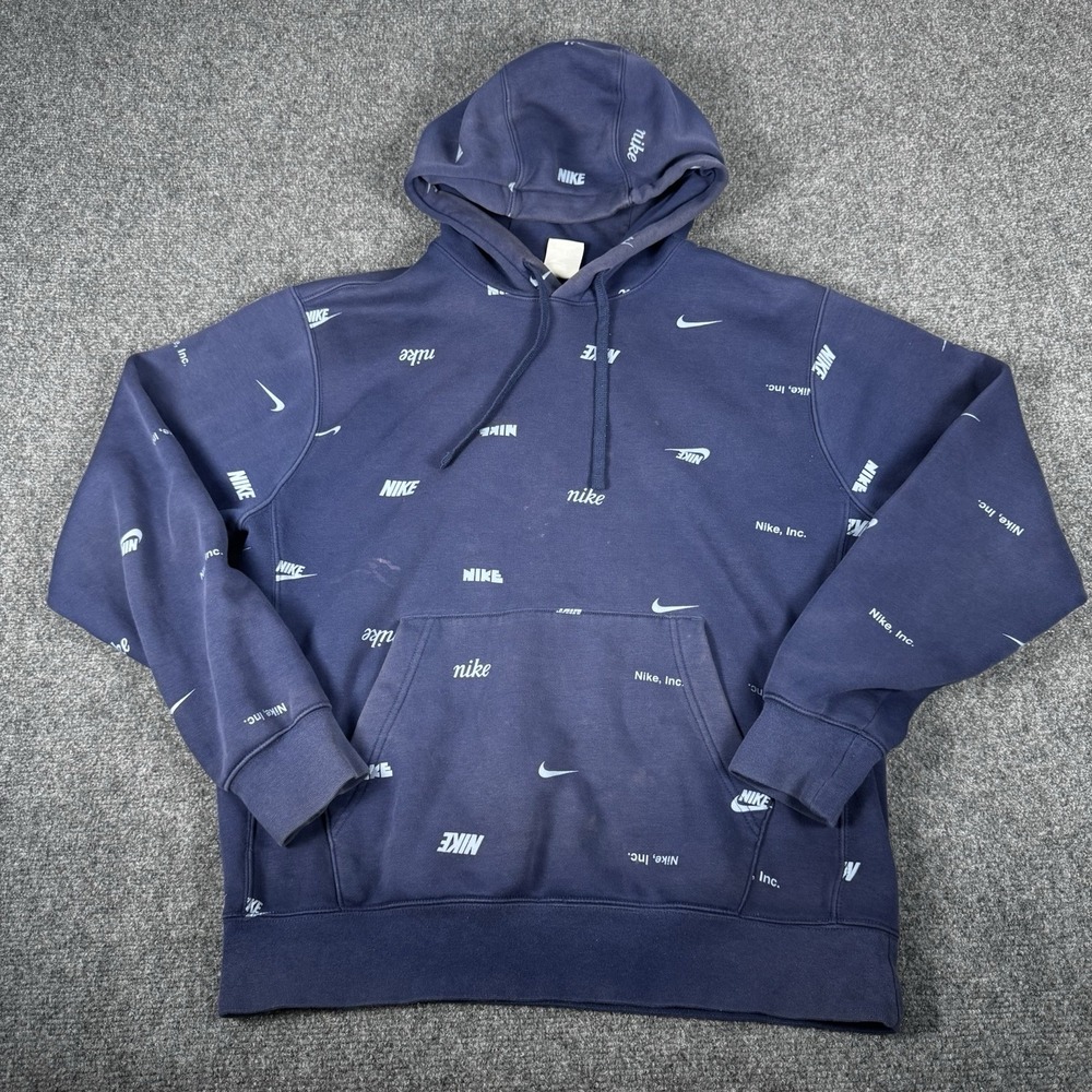 Nike Club Fleece Hoodie Mens M Blue Multi-Color All Over Print Swoosh Pullover
